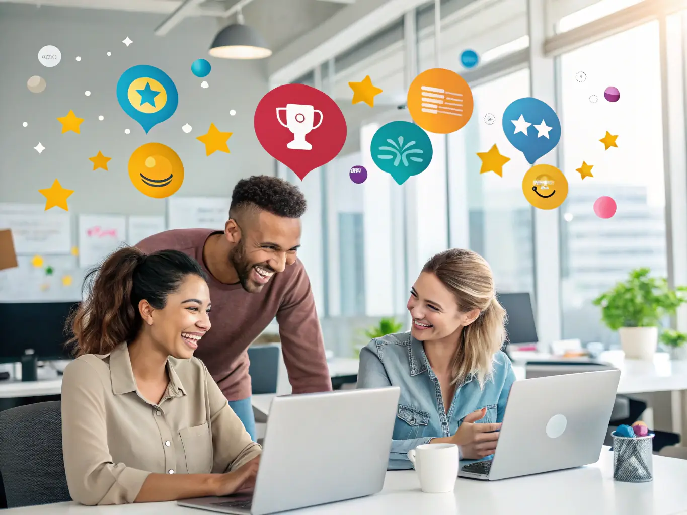 A vibrant illustration of Pointfight's reward system, featuring employees receiving virtual badges, points, and personalized incentives upon achieving milestones, set in a celebratory context to highlight the positive reinforcement of accomplishments.